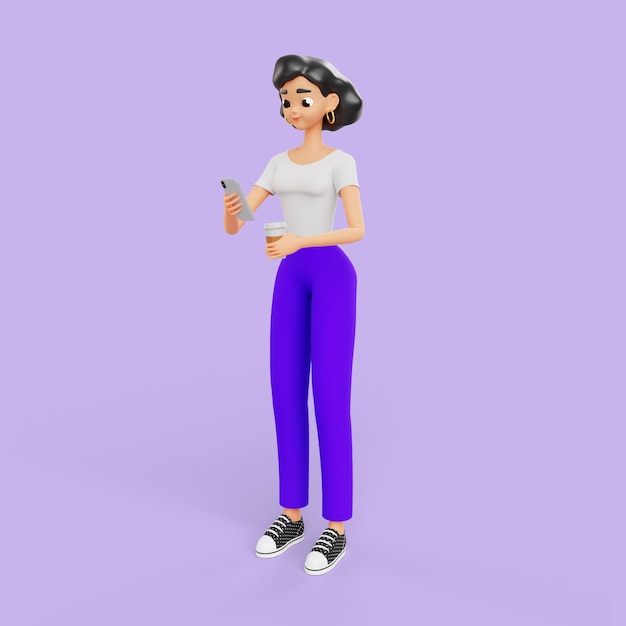 3D mulher posando com smartphone e xícara de café