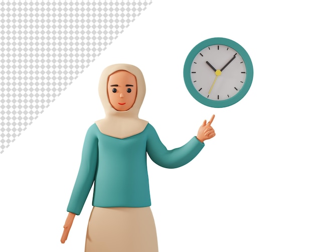 3D-muslimische Frauenfigur im Hijab, die auf die Uhr zeigt