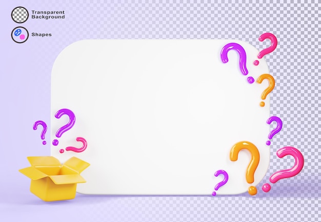 3D-Mystery-Geschenkkiste und weißer Bannerrahmen mit Fragezeichen auf dem Rendering-Hintergrund Konzept eines Wettbewerbs oder Quiz-Spiels mit Bonus oder Überraschung Geschenk offenes Paket Giveaway Postposter