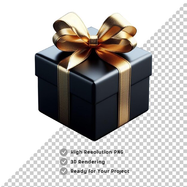 PSD 3d negro regalo cinta dorada trasfondo transparente