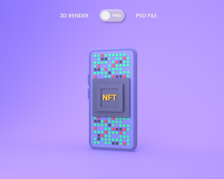PSD 3d nft token no fungible concepto de arte criptográfico digital en el teléfono inteligente