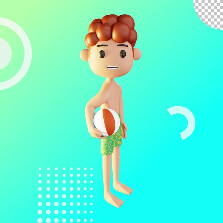 PSD 3d, niño, juego, pelota, en, playa, ilustración