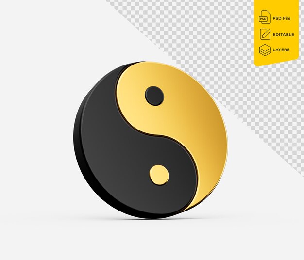 PSD 3d noir et doré yin et yang symbole d'harmonie et d'équilibre sur fond blanc illustration 3d