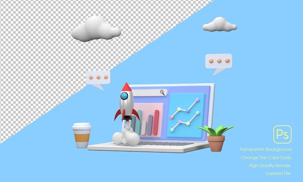 3D-Notebook-Computer zeigt ein Business-Diagramm Eine Rakete stieg am Himmel auf Konzept des Starts