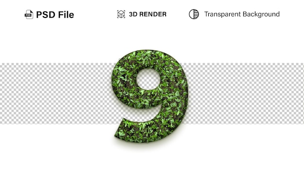 3d Nove Numero 9 Effetto erba isolato su sfondo trasparente
