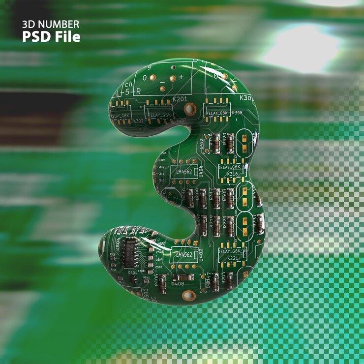PSD 3d number 3 texture electronic pcb boards render
