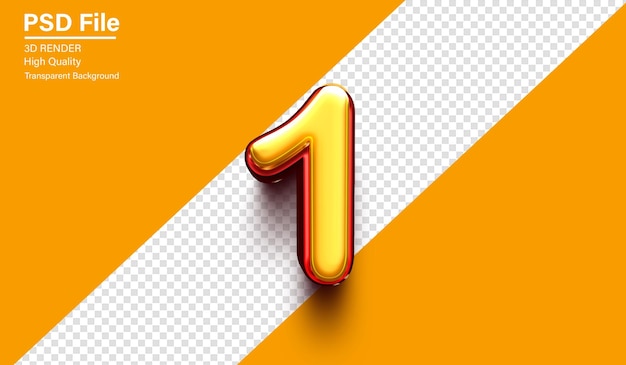 3d Uno Número 1 Amarillo y rojo metálico aislado en fondo transparente