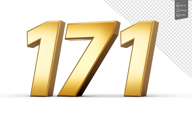 3d número 171 ciento setenta y uno Texto dorado aislado sobre fondo blanco con reflejo 3d