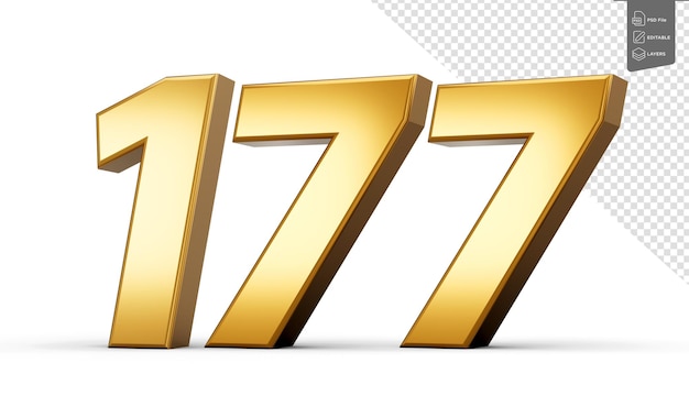 3d número 177 ciento setenta y siete texto dorado aislado sobre fondo blanco con reflejo 3d