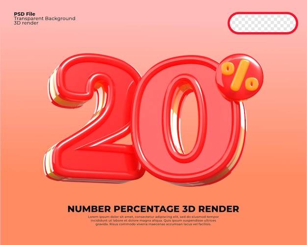 3D número 20 porcentaje venta descuento rojo y amarillo