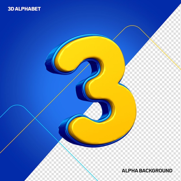 3D número 3 amarillo con azul