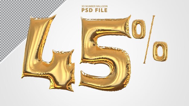 3d, número, 45, por ciento, globo, dorado