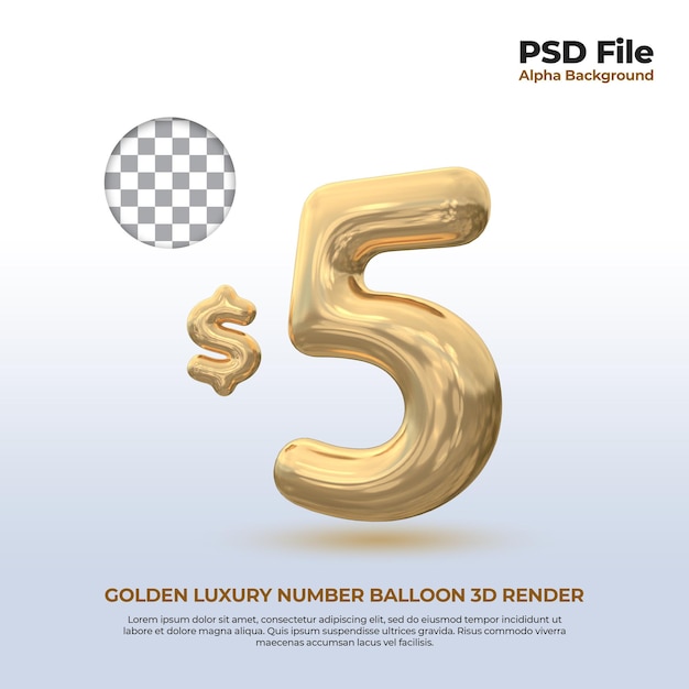 3d numero 5 dolares globo dorado lujo