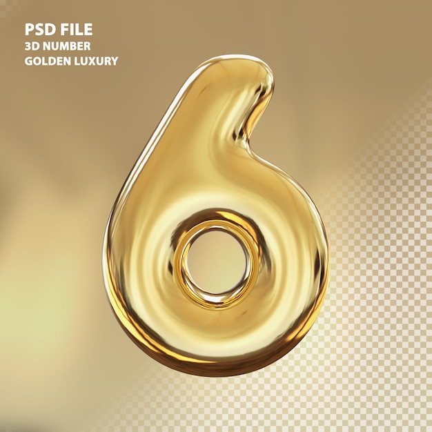 PSD 3d número 6 render de lujo dorado