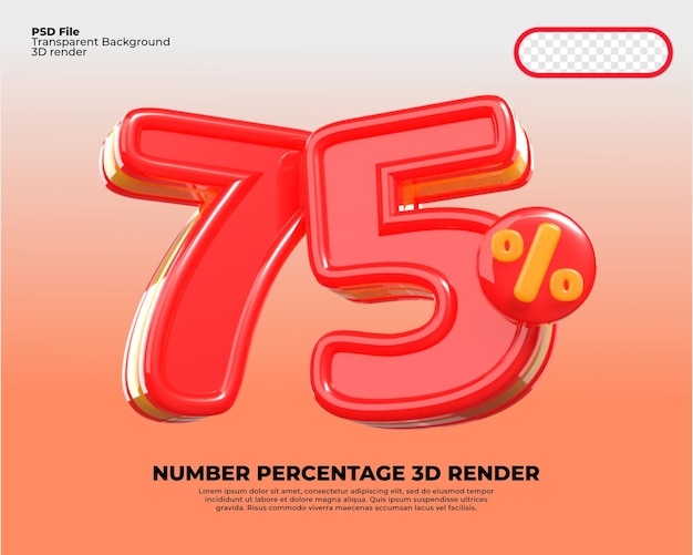 3D número 75 porcentaje venta descuento rojo y amarillo