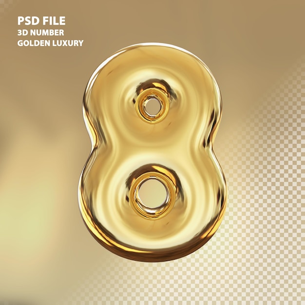 PSD 3d número 8 render de lujo dorado