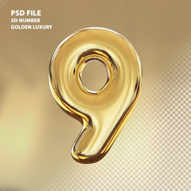 PSD 3d número 9 dourado luxo render