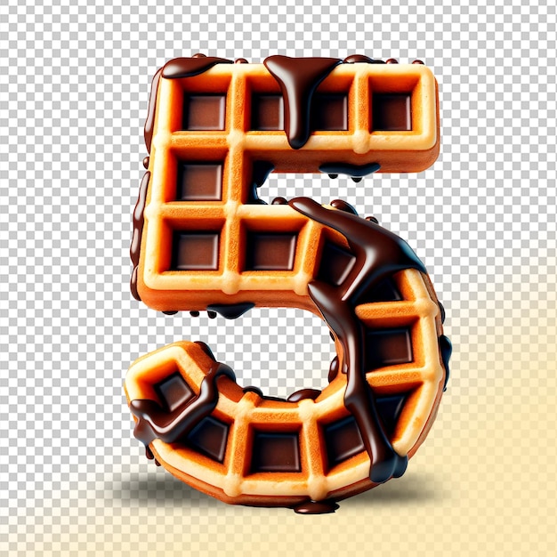 PSD 3d número cinco como un waffle con chocolate derretido en un fondo transparente