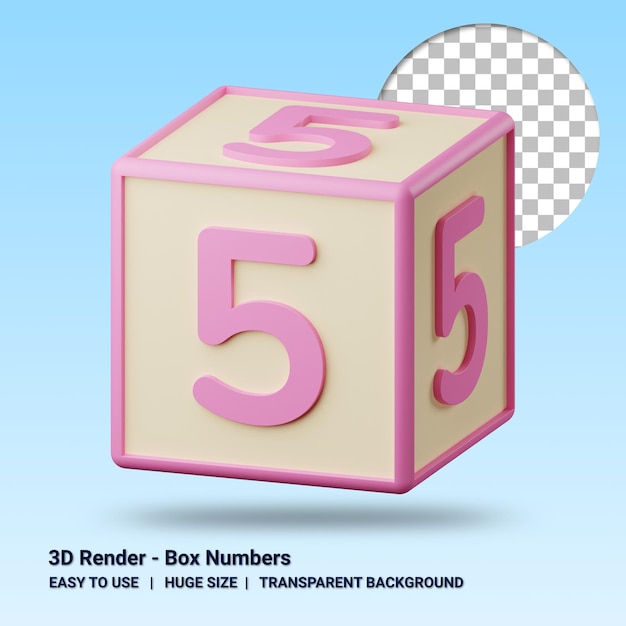 PSD 3d numéro cinq sur boîte avec fond transparent