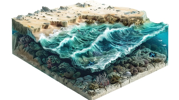 PSD 3d océan bleu isométrique avec des vagues sur fond vue de la mer profonde avec des coraux et la surface de l'océan