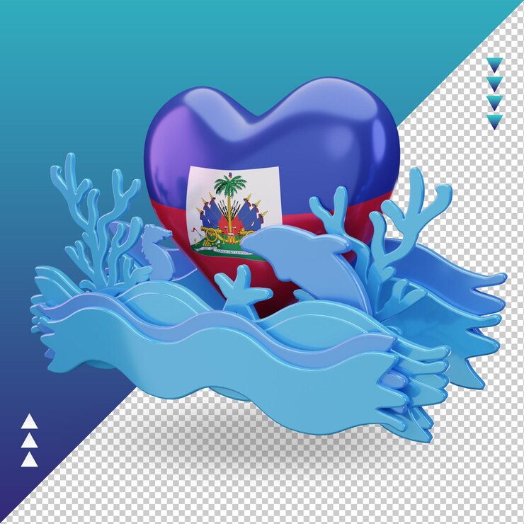 PSD 3d ocean day haiti love flag rendering right view