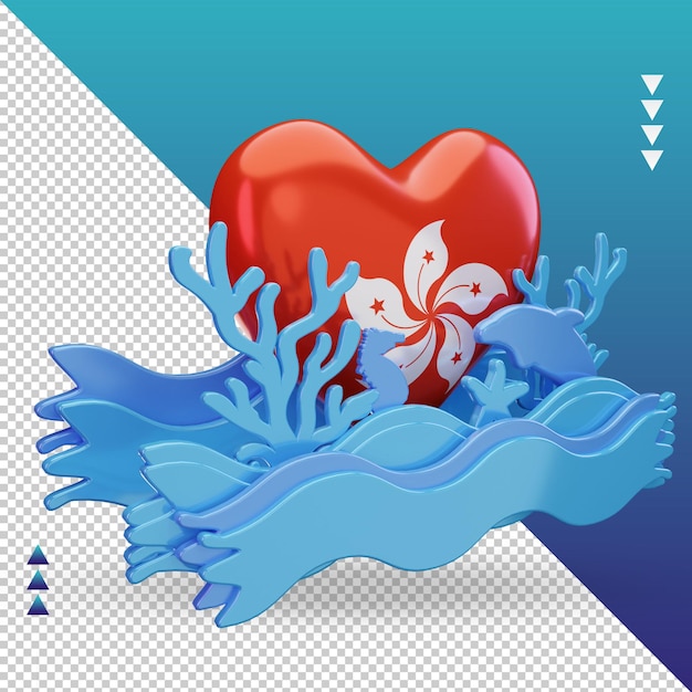 3d ocean day hongkong love flag renderizado vista izquierda