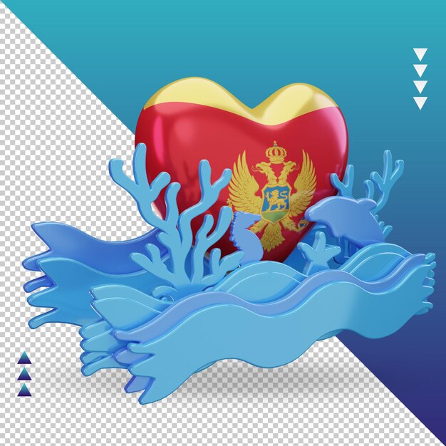 PSD 3d ocean day monténégro love flag rendu vue de gauche