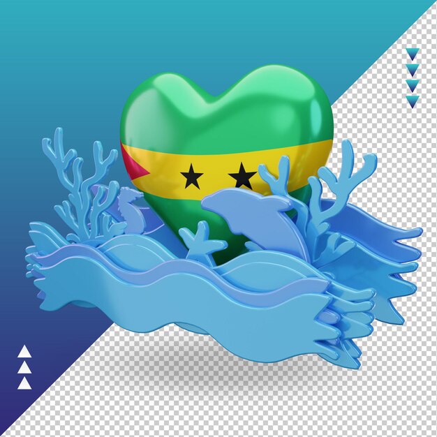 3d ocean day Sao Tomé et Principe drapeau d'amour rendu vue droite