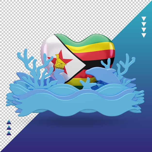 PSD 3d ocean day zimbabwe love flag rendu vue de face