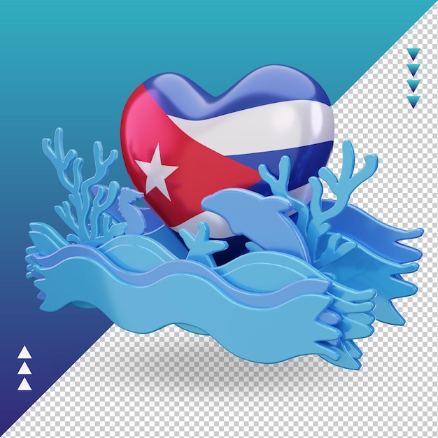 PSD 3d océano día cuba amor bandera renderizado vista derecha