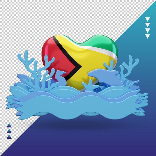 PSD 3d océano día guyana amor bandera renderizado vista frontal