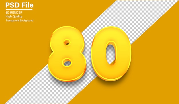 3d Ochenta Número 80 Color dorado aislado sobre un fondo transparente