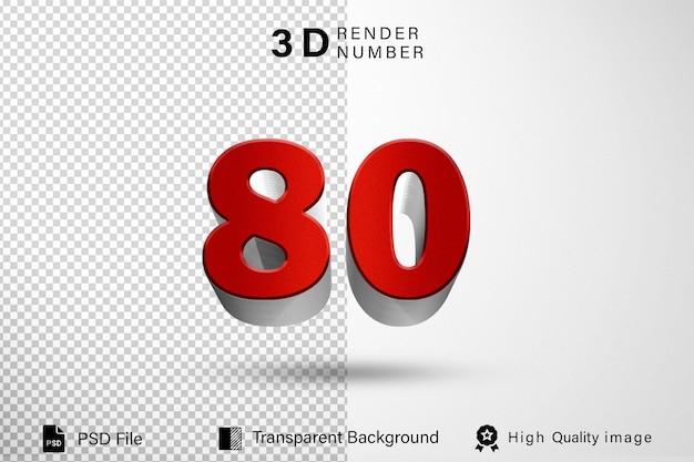 3d Ochenta Número 80 color metal rojo aislado sobre un fondo transparente