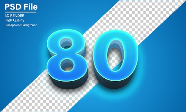 3d Ochenta Número 80 Neón azul aislado sobre un fondo transparente