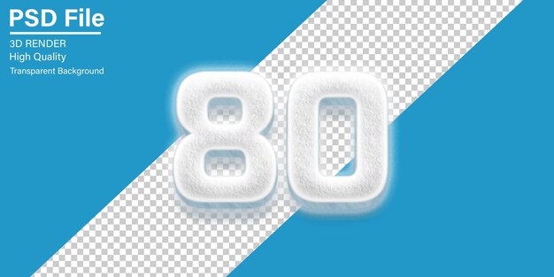 3d Ochenta Número 80 Nieve aislada sobre un fondo transparente