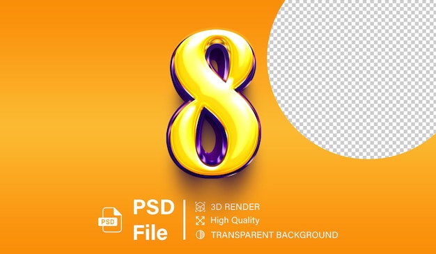 3d Ocho Número 8 Color amarillo brillante y púrpura aislado sobre un fondo transparente