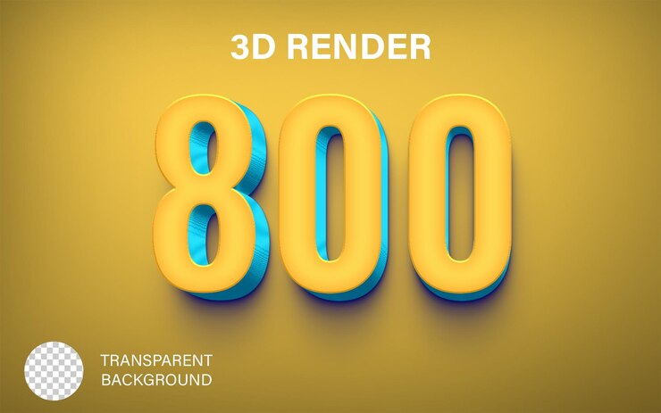 PSD 3d ochocientos número 800 color amarillo y azul aislado sobre un fondo transparente