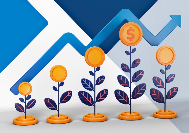 PSD 3d of ups and downs of investments that grow with metaphor of coins and plants that pile up on coins