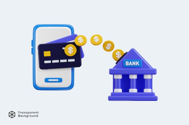 3D-Online-Geldübertragungs-Symbol auf Online-Kreditkarte zur Bank mit für finanzielle Online-Zahlungs-Icon