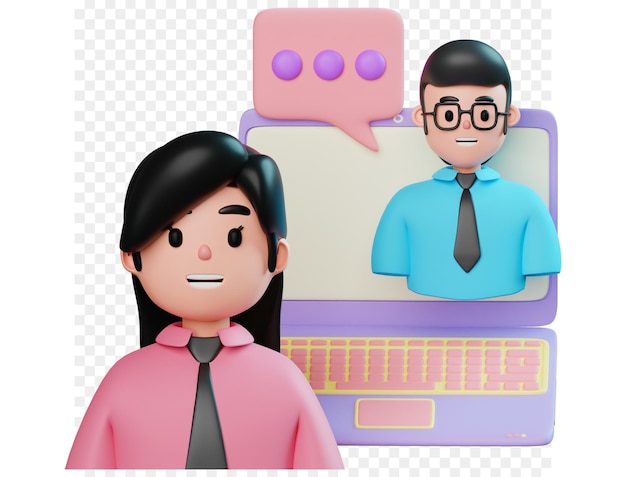 3D-Online-Geschäftstreffen Ein Computerbildschirm, auf dem ein Mann und eine Frau miteinander reden