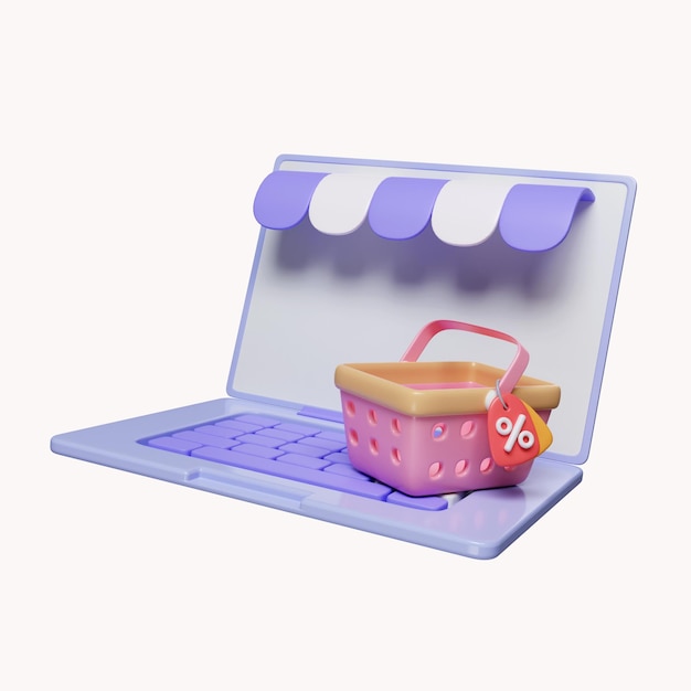 PSD 3d-online-shopping über computer-laptop mit einkaufswagen und rabattgutscheinen symbol für werbung und e-commerce isoliert auf weißem hintergrund 3d-rendering-illustration beschneidungspfad