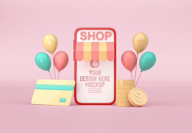 3D Online Shopping with Mobile Mockup 3D Illustration