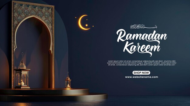 3d ouro Lantern pódio e ornamentação crescente com janela islâmica modelo de produto Ramadan