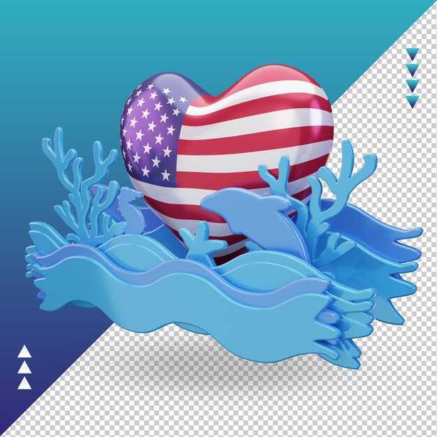 PSD 3d-ozeantag amerika-liebesflagge, die die rechte ansicht wiedergibt