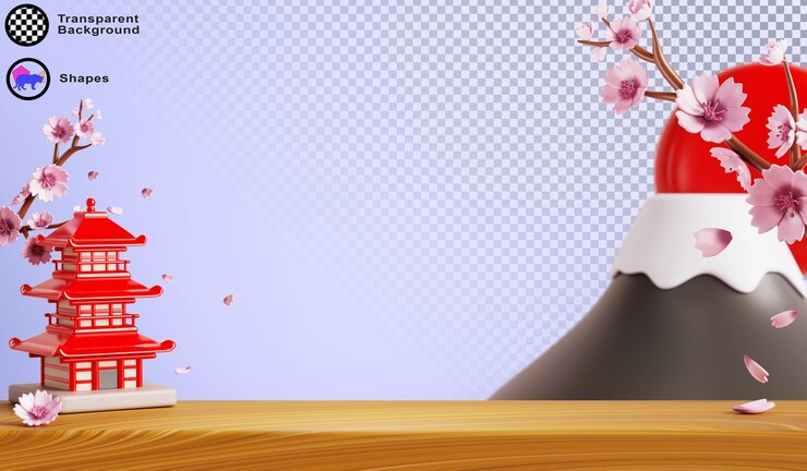 PSD 3d paisaje de primavera japonés punto de referencia render caricatura de mesa de madera o superficie de mostrador con pagoda recuerdo vista de la montaña fuji y ramas de sakura rosas para publicidad de viajes