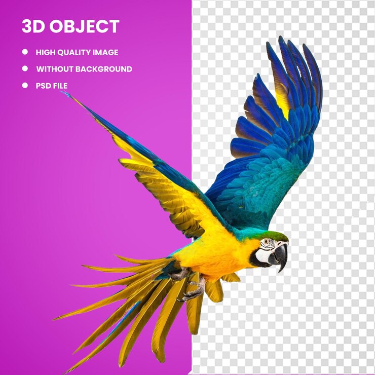 PSD 3d de pájaro de plumas amarillas y azules