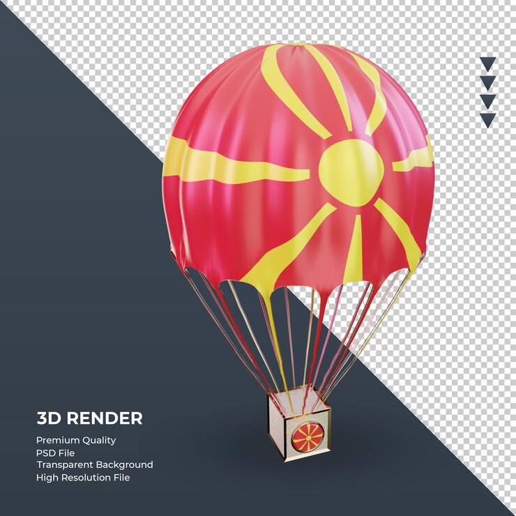 PSD 3d paracaídas bandera de macedonia del norte renderizado vista izquierda