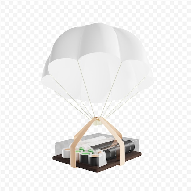 3D parachute with boxed sushi rolls isolated 3D rendering