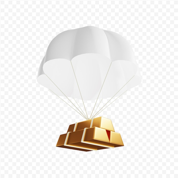 3D parachute with gold bars isolated 3D rendering