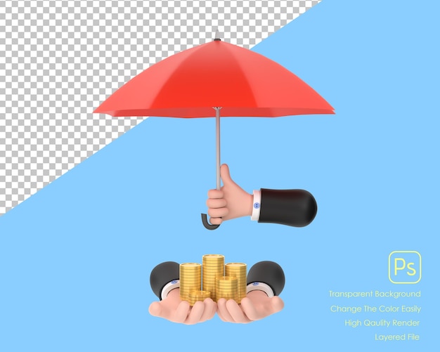 PSD 3d paraguas rojo protección monedas mano sosteniendo pila de ahorro de dinero un negocio